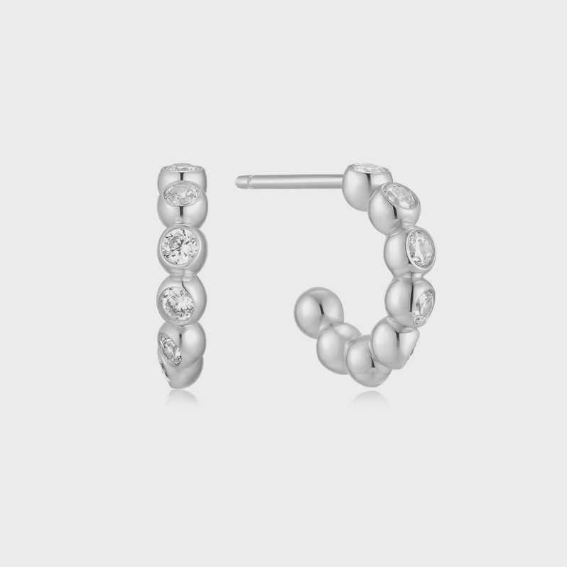 Silver Bezel Beaded Huggie Hoop Earrings
