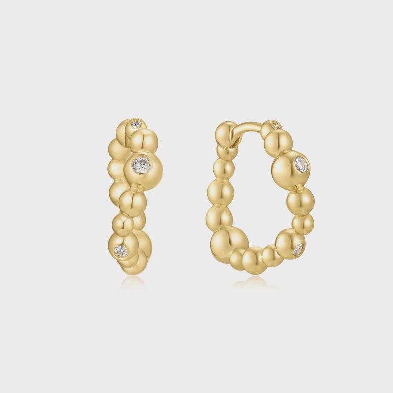 Gold Bezel Beaded Curved Huggie Hoop Earrings