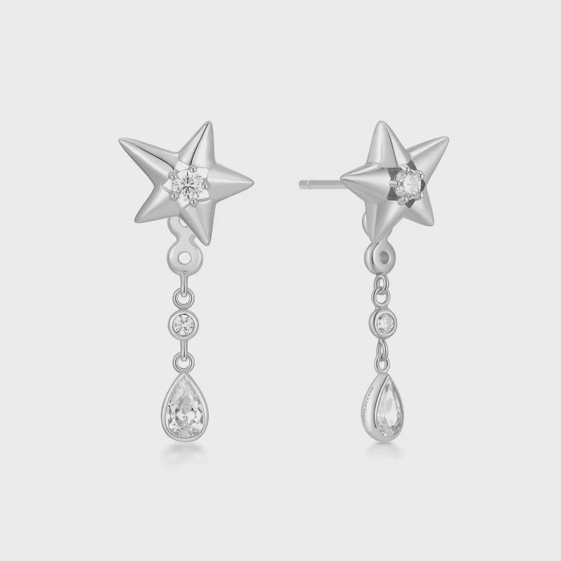 Silver Sparkling Star Drop Stud Earrings