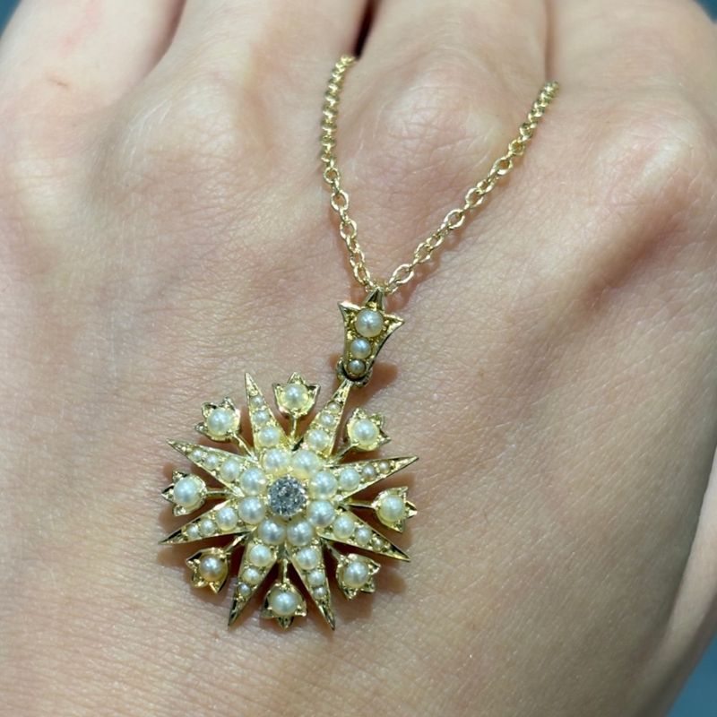Pre-Owned Antique Old Mine Cut Diamond &amp; Pearl Starburst Pendant