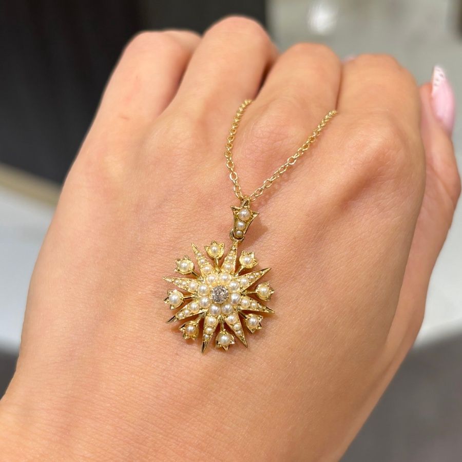 Pre-Owned Antique Old Mine Cut Diamond & Pearl Starburst Pendant Pre-Owned Antique Old Mine Cut Diamond & Pearl Starburst Pendant