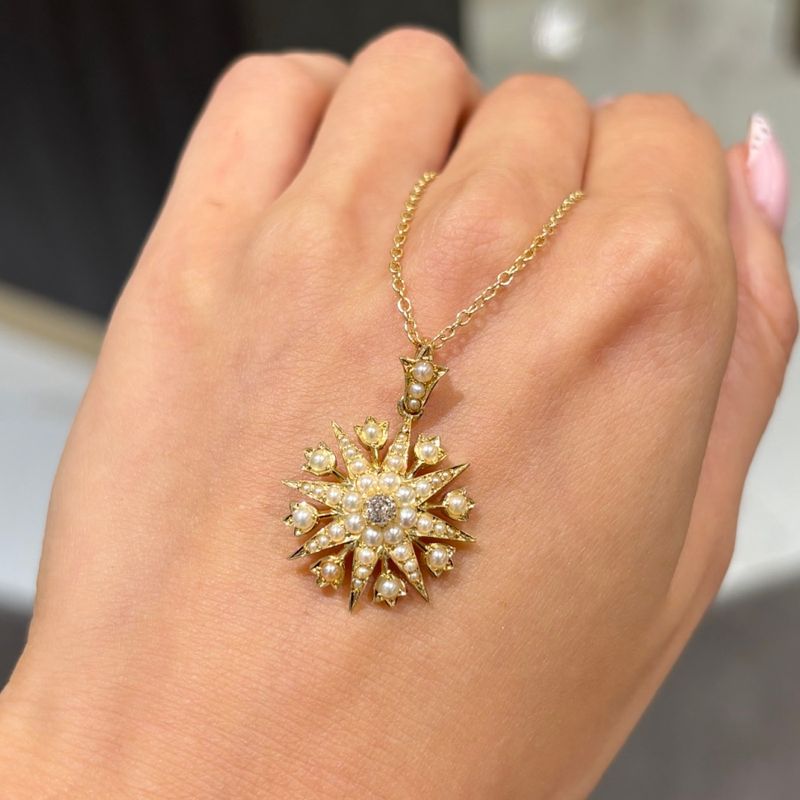 Pre-Owned Antique Old Mine Cut Diamond & Pearl Starburst Pendant Pre-Owned Antique Old Mine Cut Diamond & Pearl Starburst Pendant