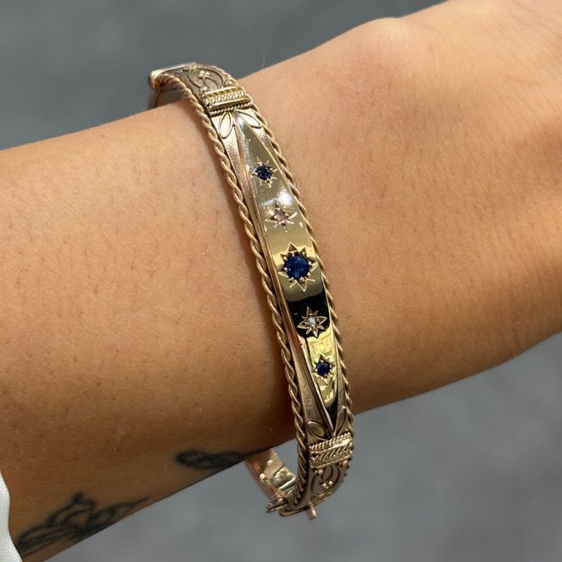 Pre-Owned 9ct Rose Gold Antique Sapphire &amp; Diamond Bangle Circa 1908