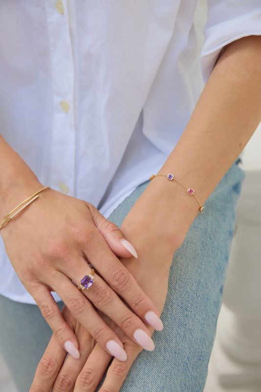 9ct Yellow Gold Octagon Step Cut Multi-Gemstone Rubover Bracelet