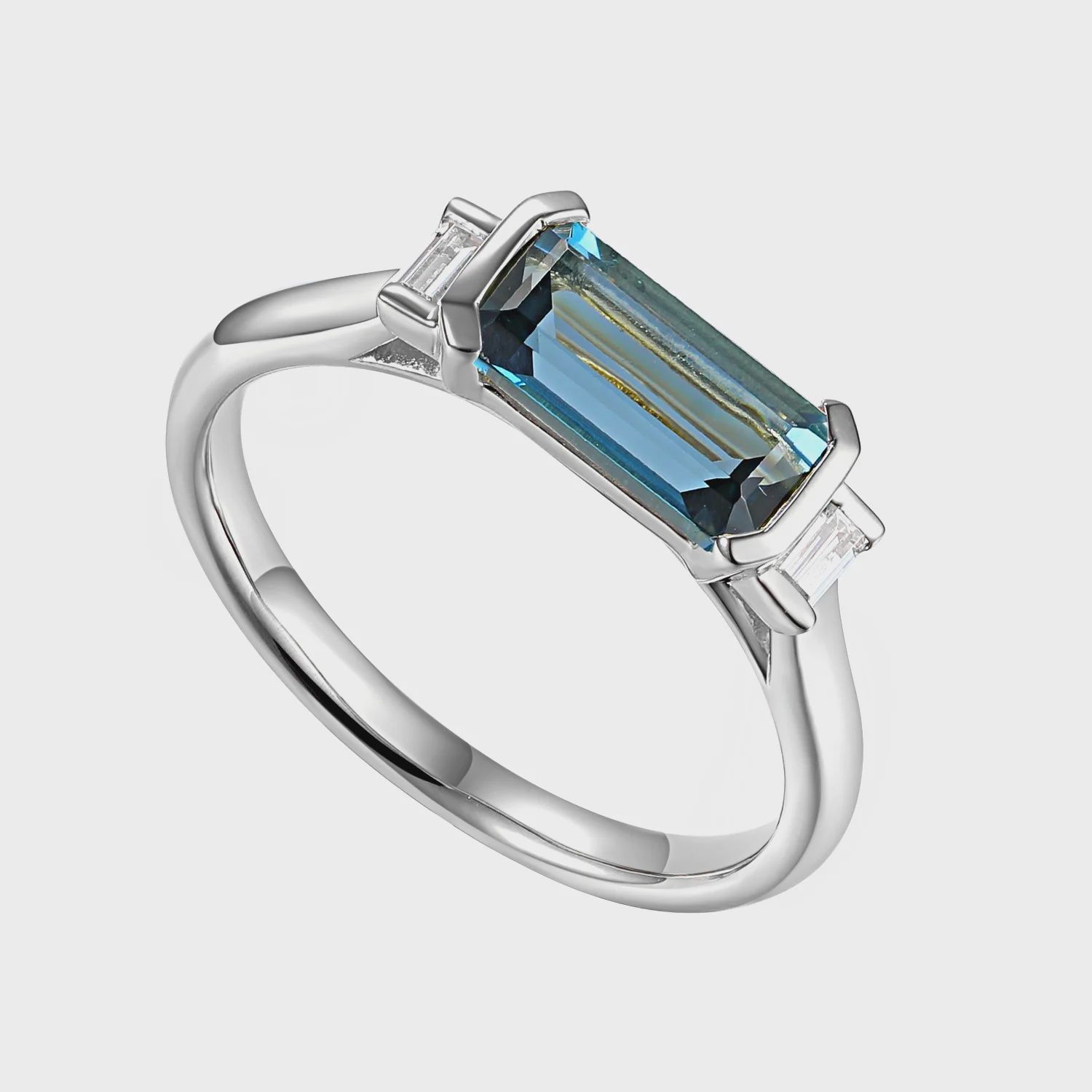 9ct Gold Long Octagon Gemstone Ring With Rubover Baguette Diamonds