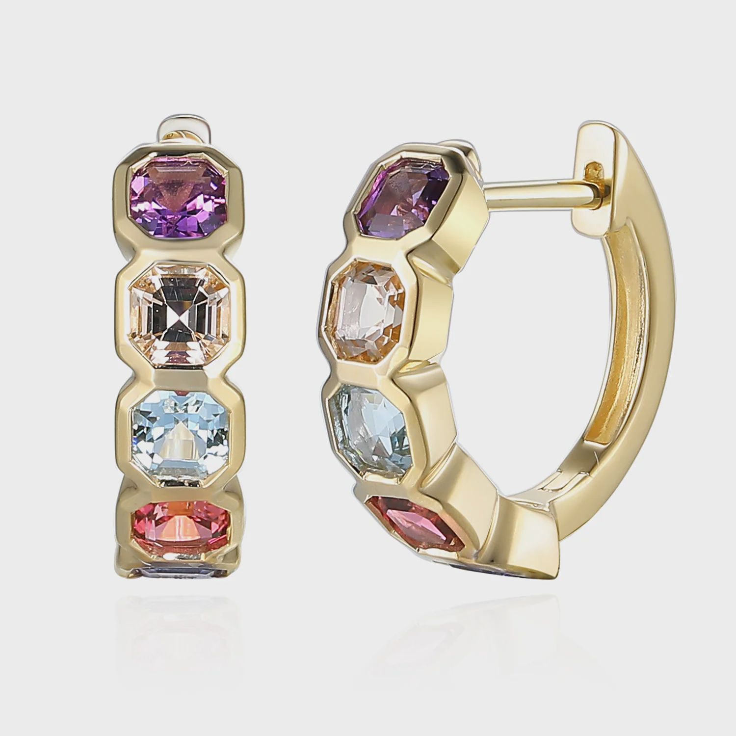 Step Cut Octagon Multi Gemstone Huggy Hoop Earring