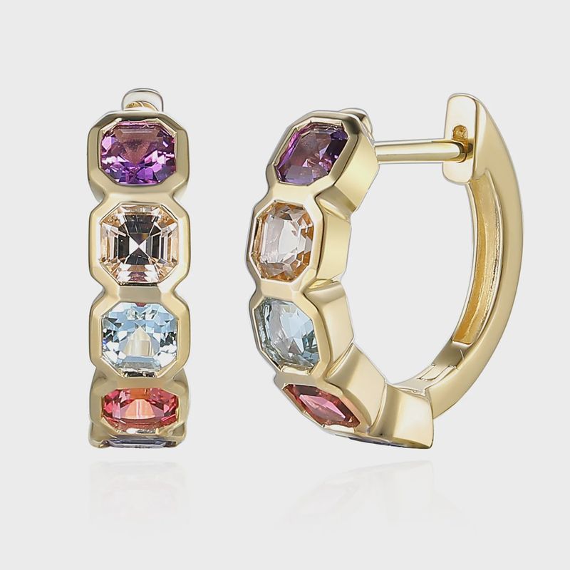 Step Cut Octagon Multi Gemstone Huggy Hoop Earring Step Cut Octagon Multi Gemstone Huggy Hoop Earring