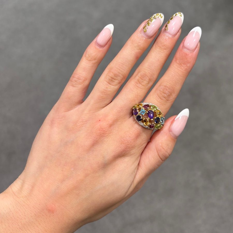 Pre-Owned 9ct Yellow Gold Amethyst, Topaz, Peridot, Citrene, Tanzanite & Diamond Cocktail Ring Pre-Owned 9ct Yellow Gold Amethyst, Topaz, Peridot, Citrene, Tanzanite & Diamond Cocktail Ring