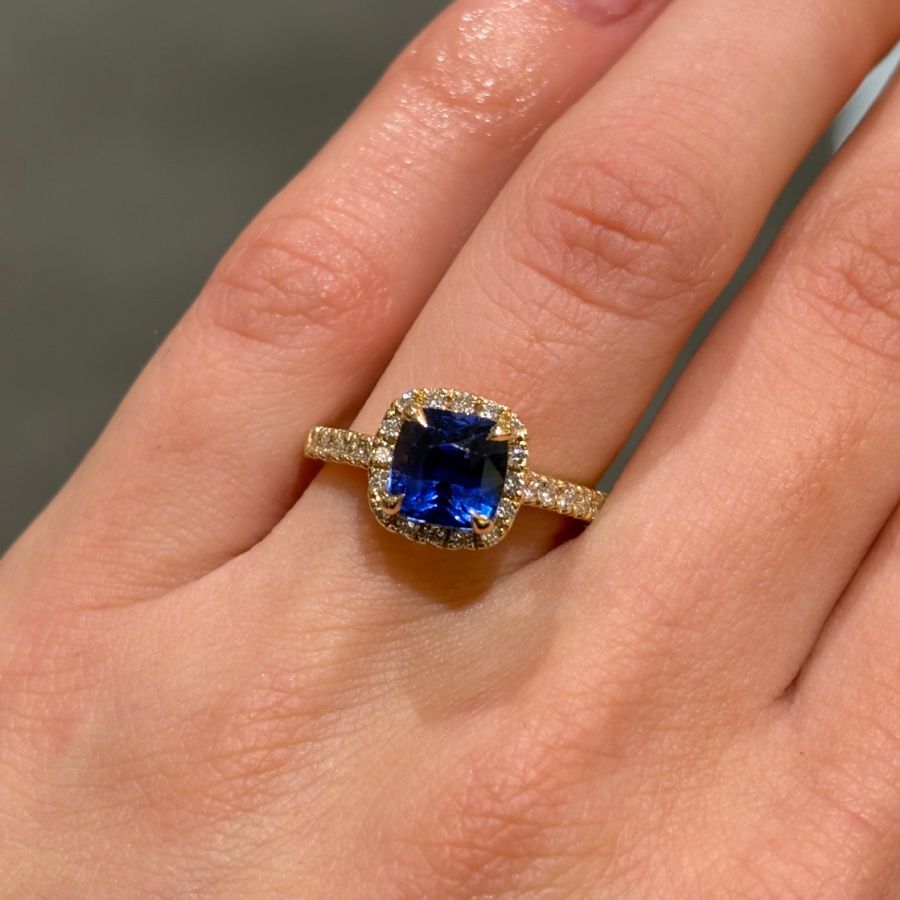 Pre-Owned 18ct Yellow Gold 1.64ct Cushion Sapphire &amp; 0.25ct Diamond Ring