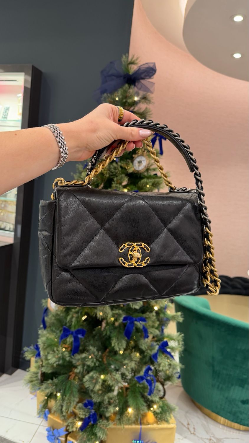 Pre-Owned Chanel 19 Small Black Goatskin Flap Bag with Gold & Ruthenium Hardware Pre-Owned Chanel 19 Small Black Goatskin Flap Bag with Gold & Ruthenium Hardware