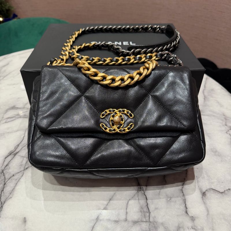 Pre-Owned Chanel 19 Small Black Goatskin Flap Bag with Gold &amp; Ruthenium Hardware