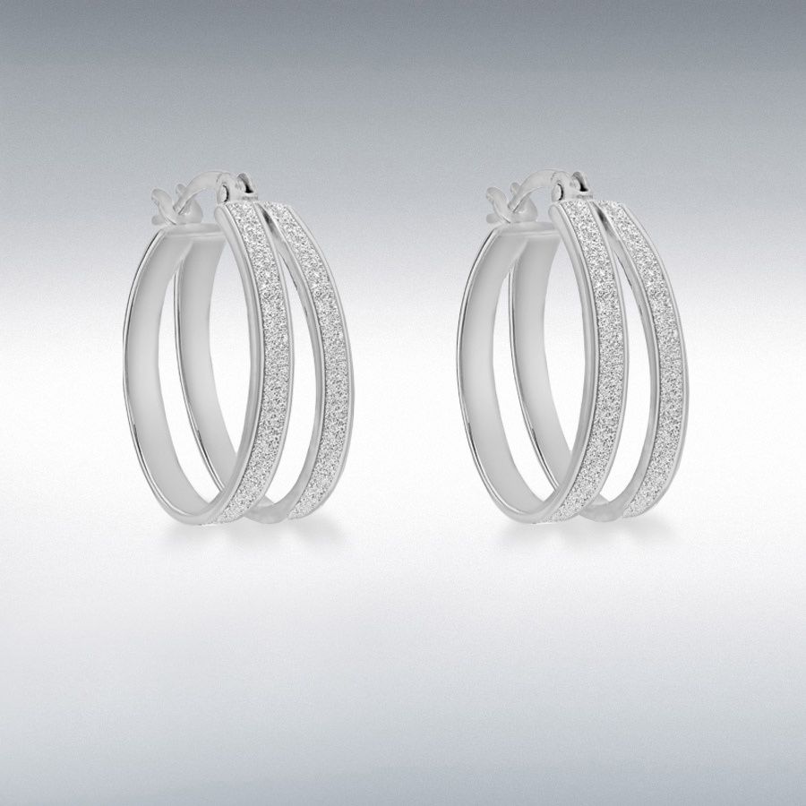 Sterling Silver Rhodium Plated 18mm Stardust Double Hoop Creole Earrings