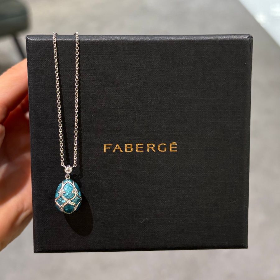 Pre-Owned Fabergé Heritage 18ct White Gold Diamond &amp; Teal Guilloche Enamel Petite Egg Pendant Necklace