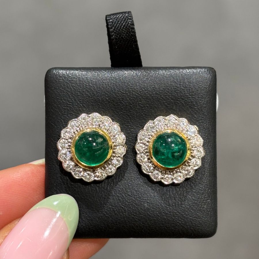 Pre-Owned 18ct Yellow Gold 3.74ct Caberchon Emerald &amp; 1.04ct Diamond Earrings
