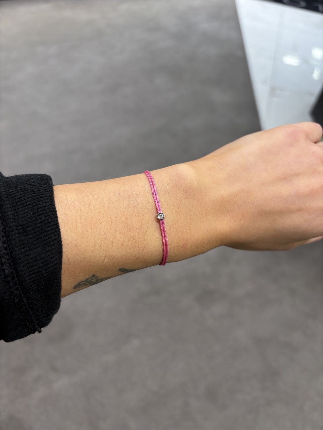 Love Lab 0.05ct Round Brilliant Cut Lab-Grown Diamond Dark-Pink Nylon Cord Bracelet - Silver Setting