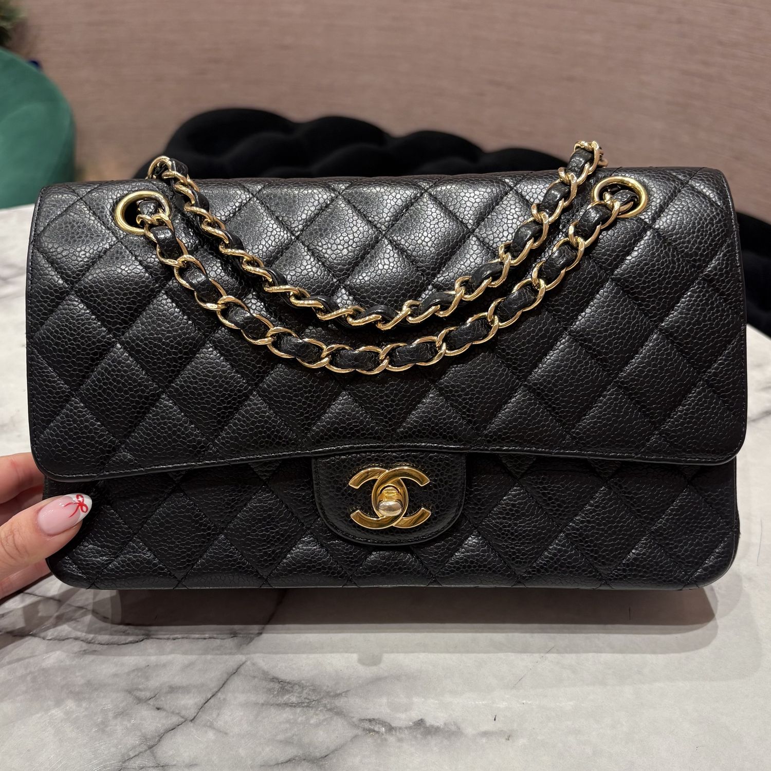 Pre-Owned Chanel Medium Classic Double Flap Bag in Black Caviar Leather &amp; Gold-Tone Hardware