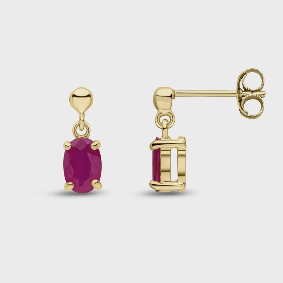 9ct Yellow Gold Oval Ruby Claw Drop Earrings with Bead Top 9ct Yellow Gold Oval Ruby Claw Drop Earrings with Bead Top