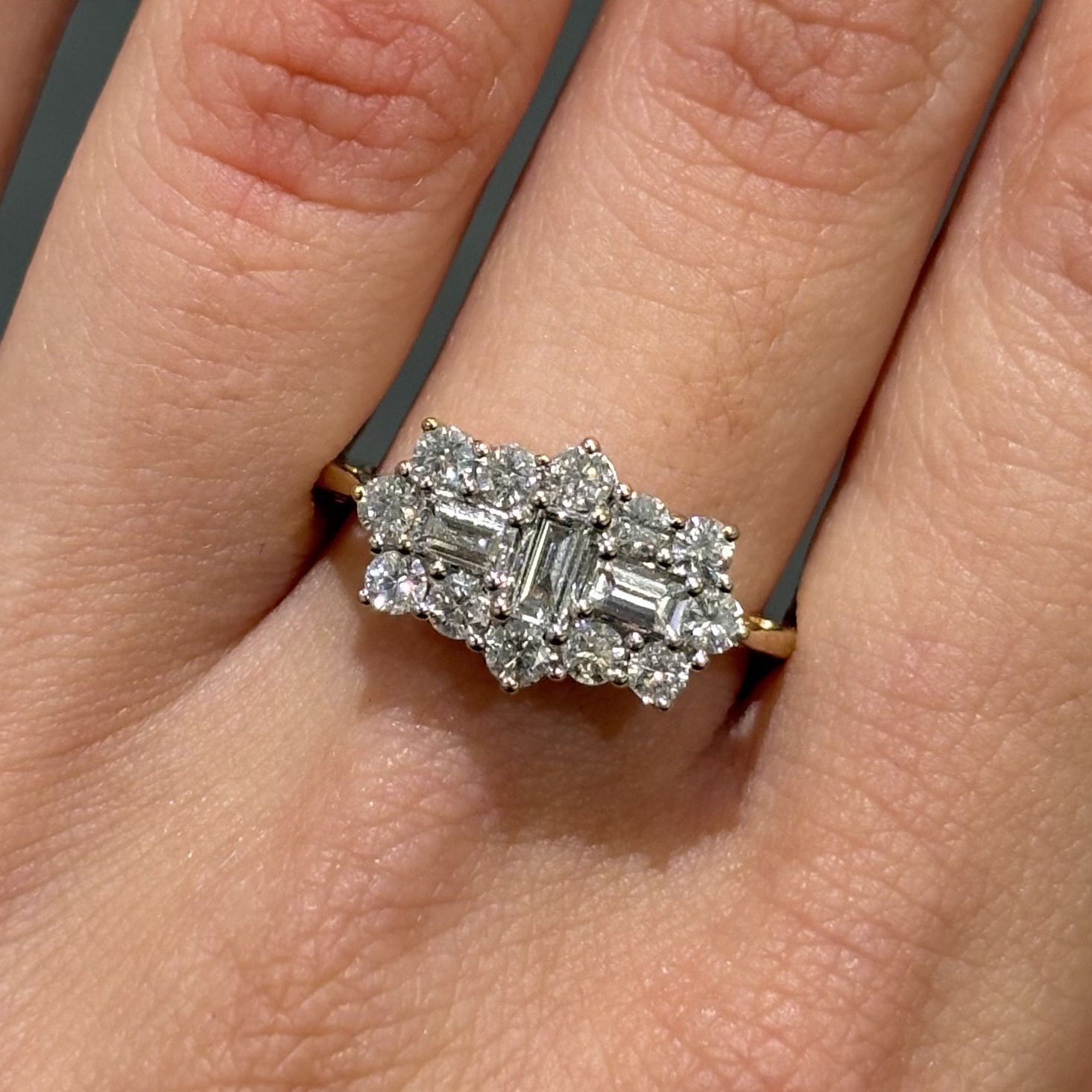 Pre-Owned 18ct Yellow Gold 0.75ct Round &amp; Baguette Diamond Cluster Ring