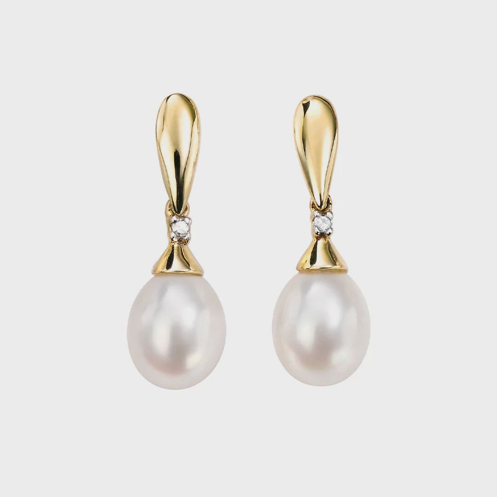 9ct Yellow Gold Freshwater Pearl and Diamond Drop Earrings