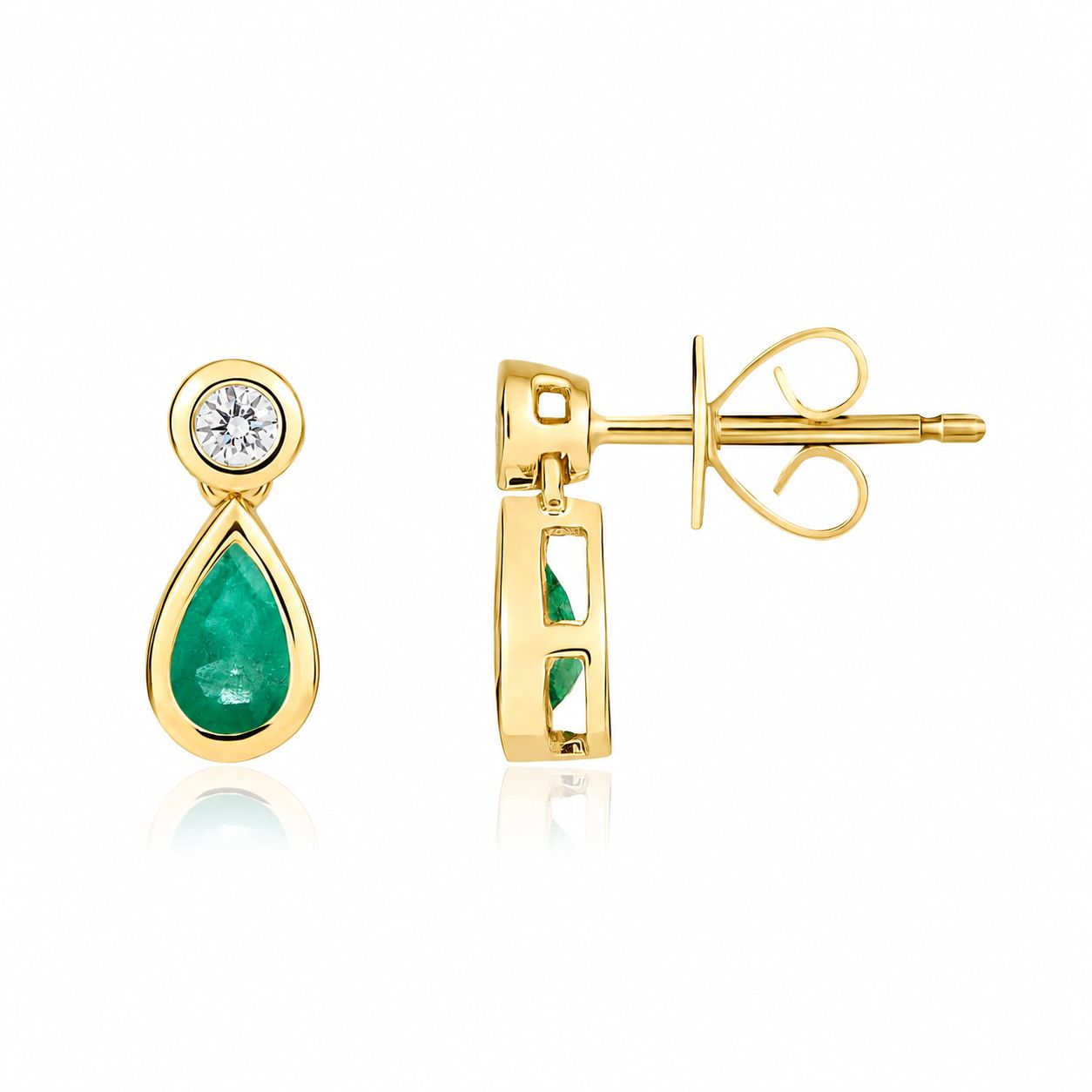 18ct Yellow Gold 39pt Pear Emerald & 0.08ct Diamond Drop Stud Earrings 18ct Yellow Gold 39pt Pear Emerald & 0.08ct Diamond Drop Stud Earrings
