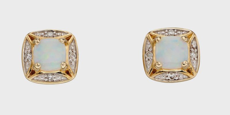 9ct Yellow Gold Opal & Diamonds Studs