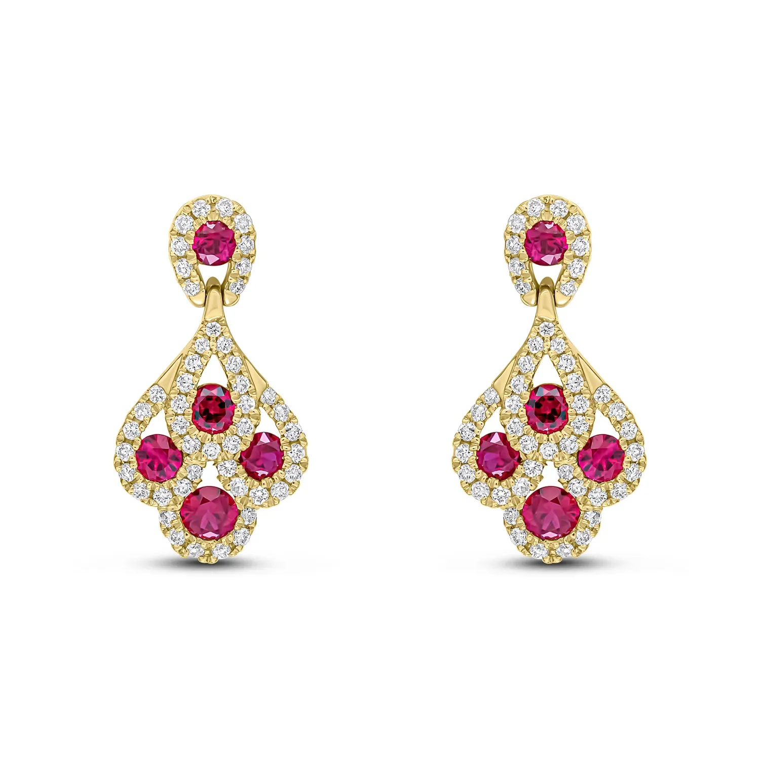 18ct Yellow Gold Ruby & Diamond Peacock Drop Earrings 18ct Yellow Gold Ruby & Diamond Peacock Drop Earrings