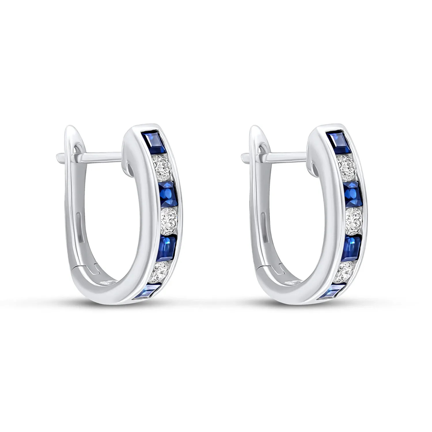 18ct White Gold Square Sapphire &amp; Round Diamond Oval Channel Hoop Earrings