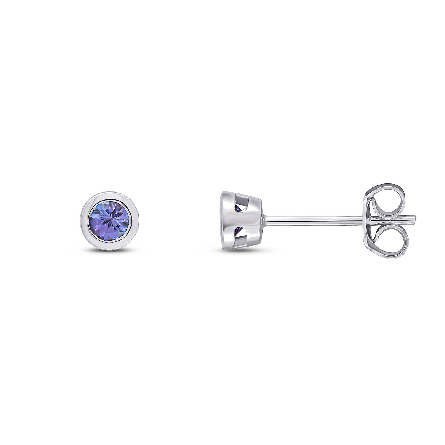 9ct White Gold 3mm Round Tanzanite Rubover Stud Earrings
