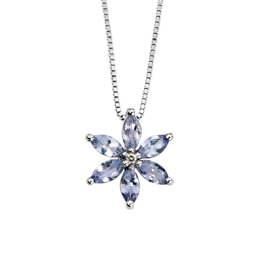 9ct White Gold Tanzanite &amp; Diamond Flower Pendant