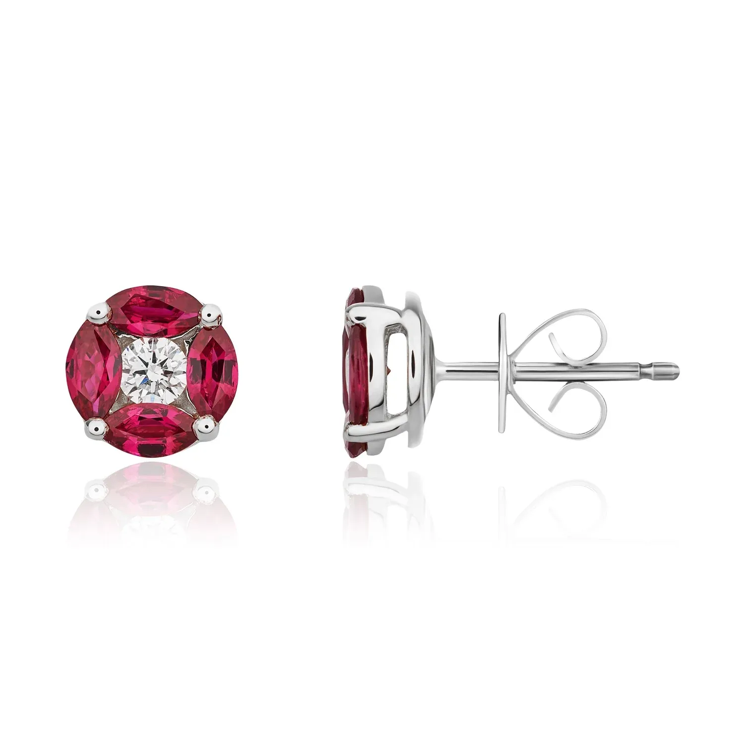 18ct White Gold Marquise Ruby & Diamond Round Cluster Stud Earrings 18ct White Gold Marquise Ruby & Diamond Round Cluster Stud Earrings