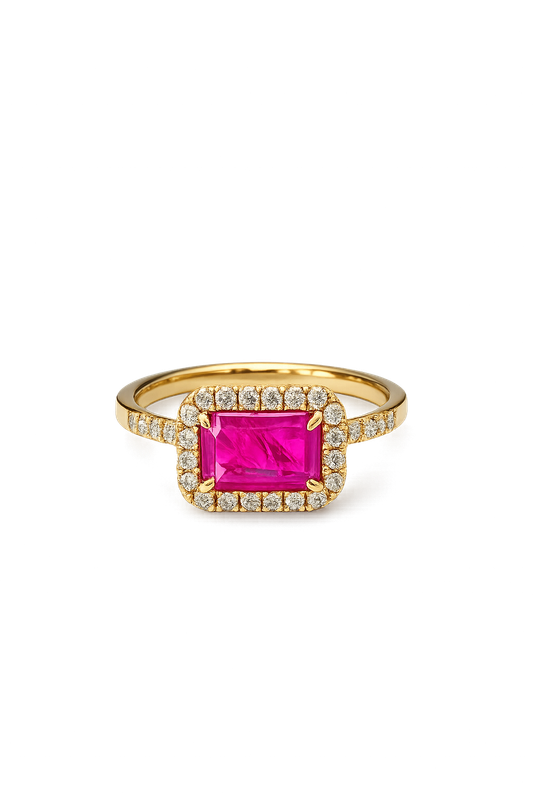 18ct Yellow Gold 1.20ct Cushion Cut Ruby &amp; 0.30ct Diamond Halo Ring