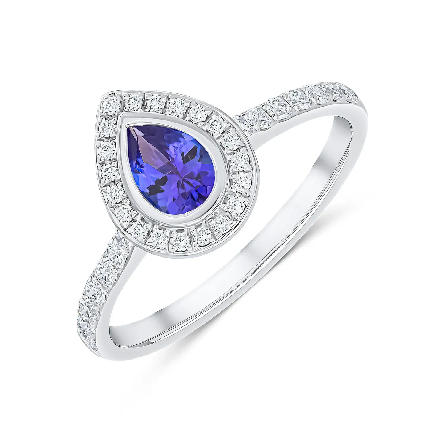 18ct White Gold 39pt Tanzanite &amp; 26pt Diamond Pear Shape Halo Cluster Ring