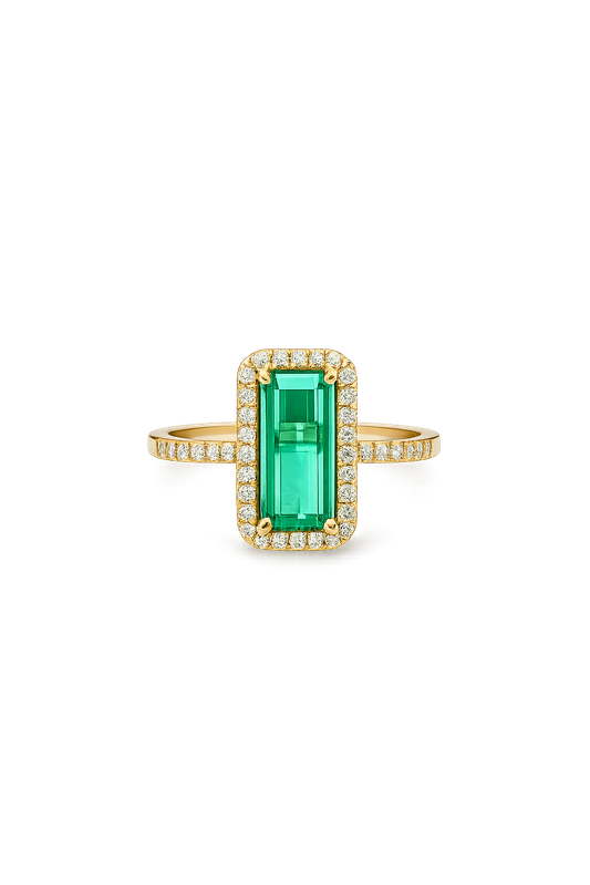 18ct Yellow Gold 1.90ct Elongated Emerald-Cut Green Tourmaline &amp; 23pt Diamond Halo Ring