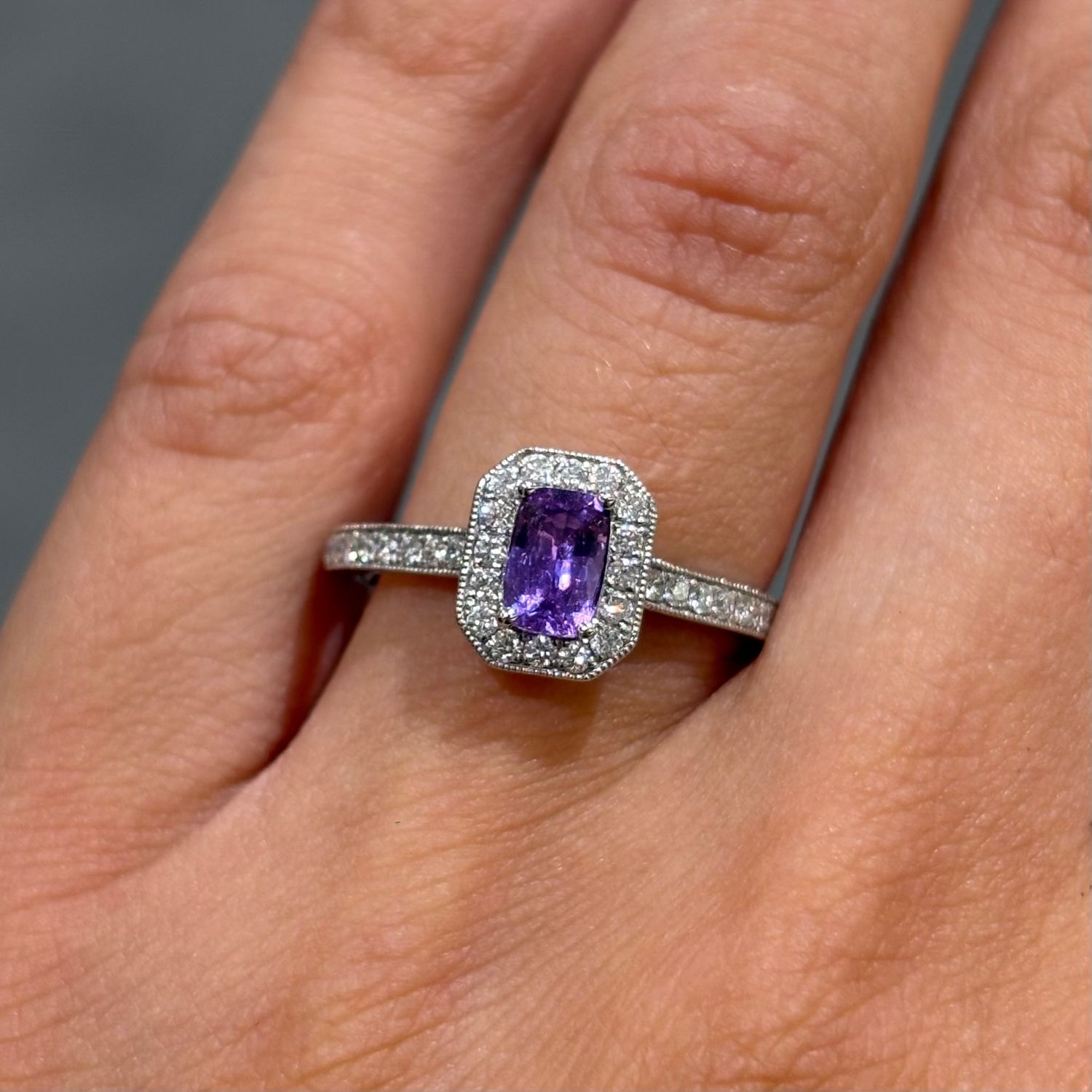 18ct White Gold Cushion Cut 0.53ct Mauve Sapphire & 0.29ct Diamond Ring 18ct White Gold Cushion Cut 0.53ct Mauve Sapphire & 0.29ct Diamond Ring