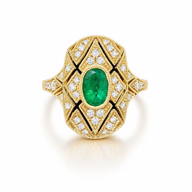 18ct Yellow Gold 46pt Emerald &amp; 20pt Diamond Art-Deco Style Ring