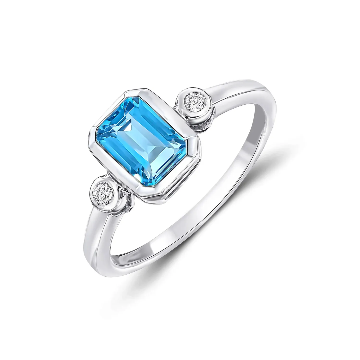 9ct White Gold 1.04ct Swiss Blue Topaz &amp; 5pt Diamond Trilogy Ring
