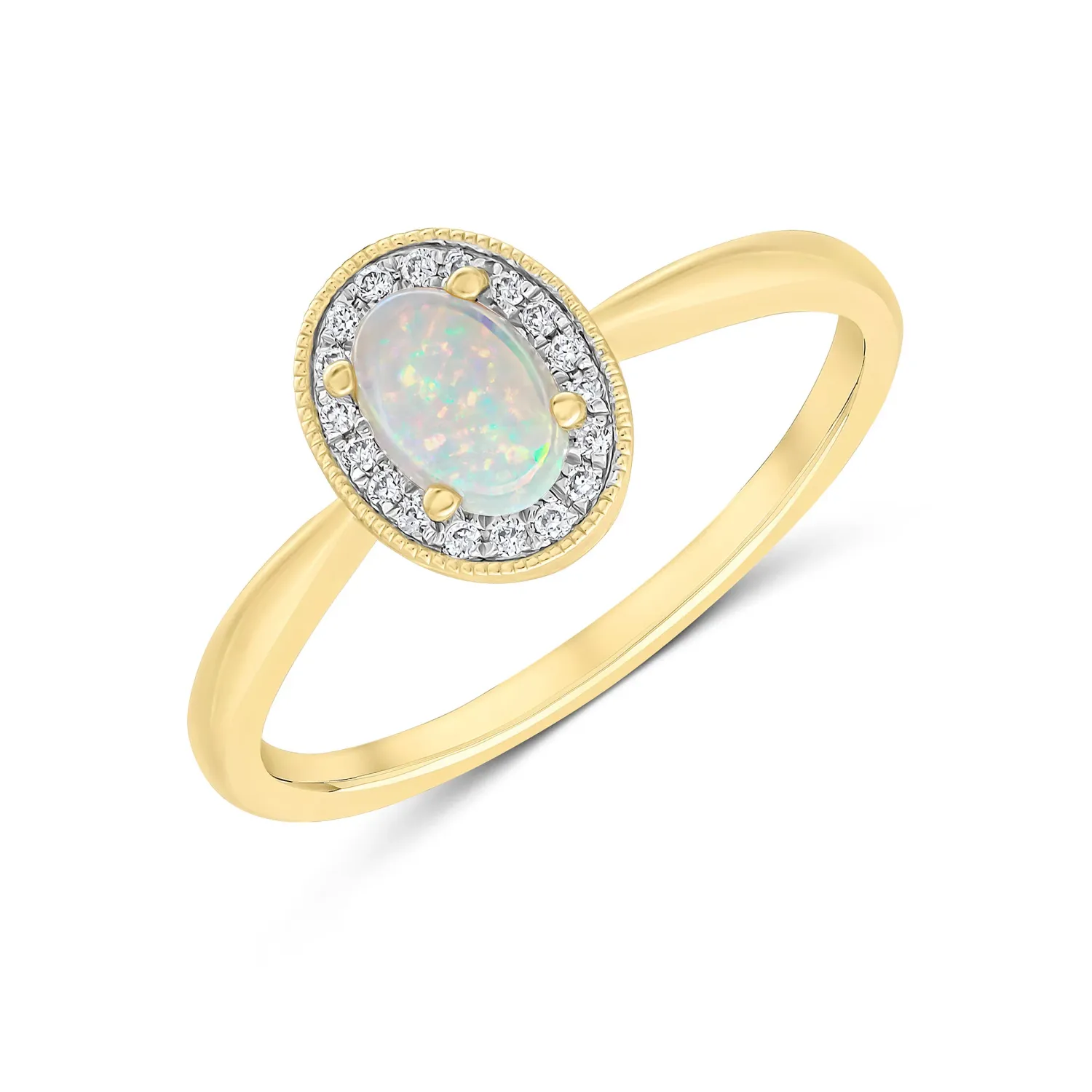 18ct Yellow Gold 29pts Opal & 5pt Diamond Halo Ring 18ct Yellow Gold 29pts Opal & 5pt Diamond Halo Ring
