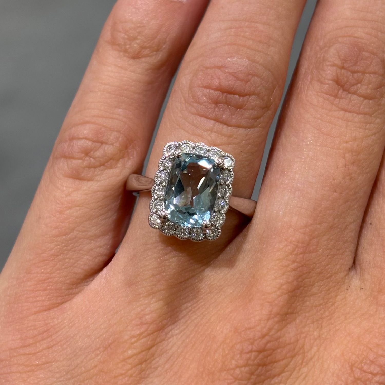 18ct White Gold 2.20ct Long Cushion Cut Aquamarine & 0.41ct Diamond Halo Ring 18ct White Gold 2.20ct Long Cushion Cut Aquamarine & 0.41ct Diamond Halo Ring