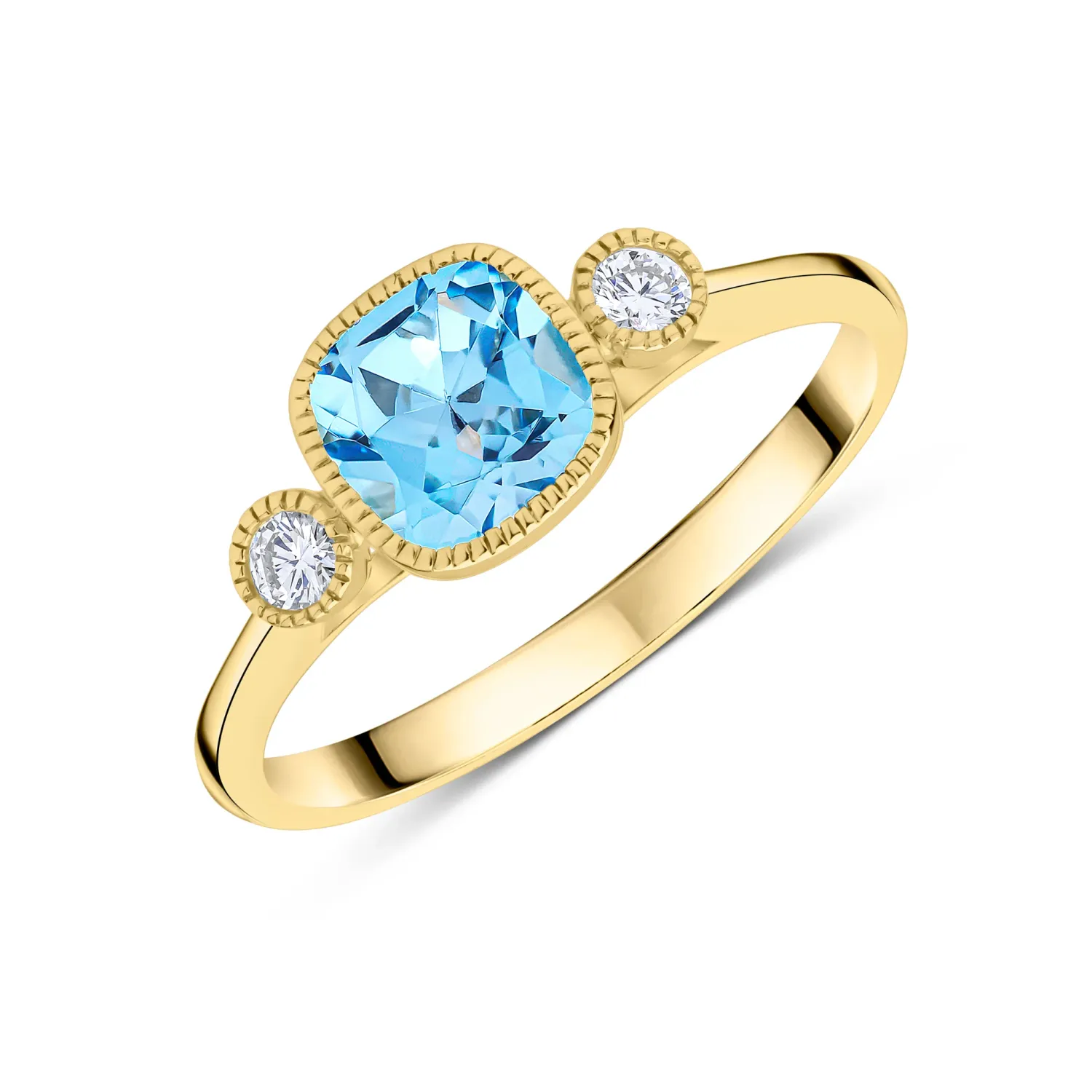 9ct Yellow Gold 6mm Cushion Cut Swiss Blue Topaz &amp; Round Diamond Millegrain Set 3 Stone Ring, Ring Size: N