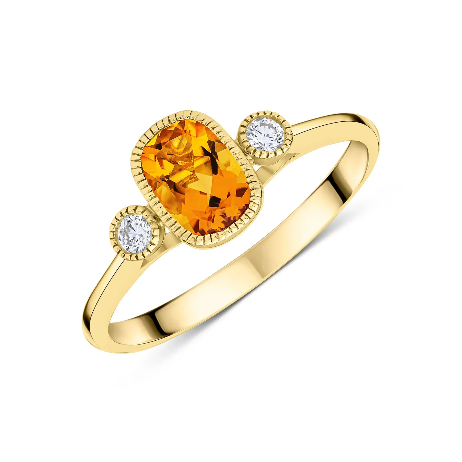 9ct Yellow Gold Cushion Cut Citrine &amp; Round Diamond Millegrain Set 3 Stone Ring, Ring Size: N