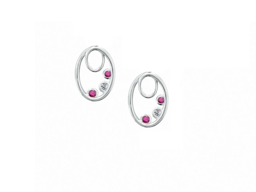 Silver Ruby &amp; CZ Oval Drop Stud Earrings