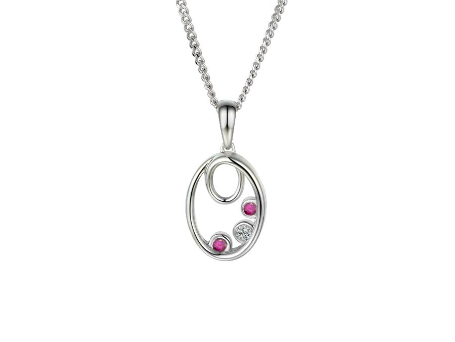 Silver Ruby &amp; CZ Oval Shape Pendant Necklace