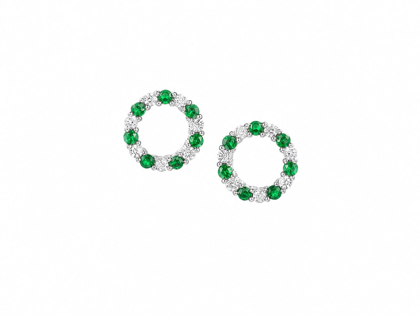 Sterling Silver Emerald &amp; Cubic Zirconia Open Circle Stud Earrings