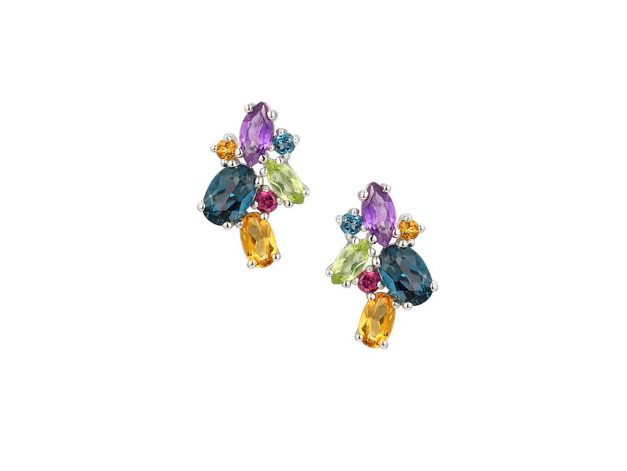Sterling Silver Mixed Gemstone Cluster Stud Earrings
