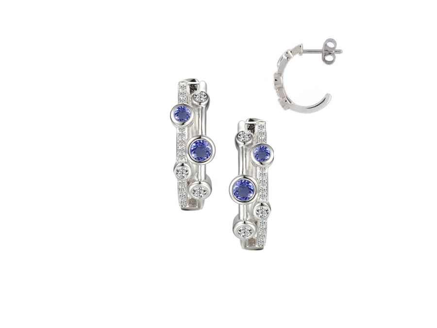 Sterling Silver 2 Row Tanzanite &amp; Cubic Zirconia Half Hoop Earrings