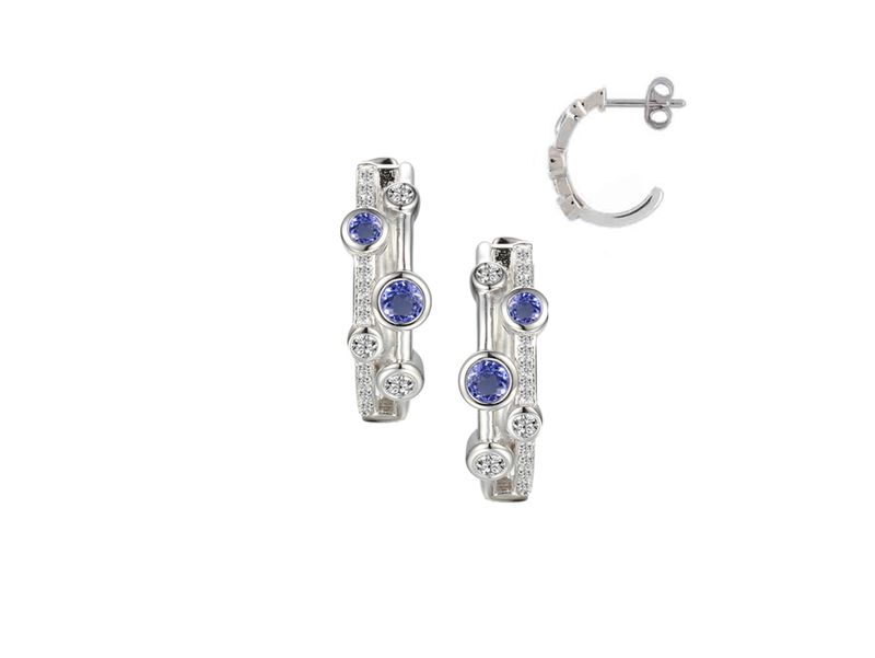 Sterling Silver 2 Row Tanzanite & Cubic Zirconia Half Hoop Earrings Sterling Silver 2 Row Tanzanite & Cubic Zirconia Half Hoop Earrings