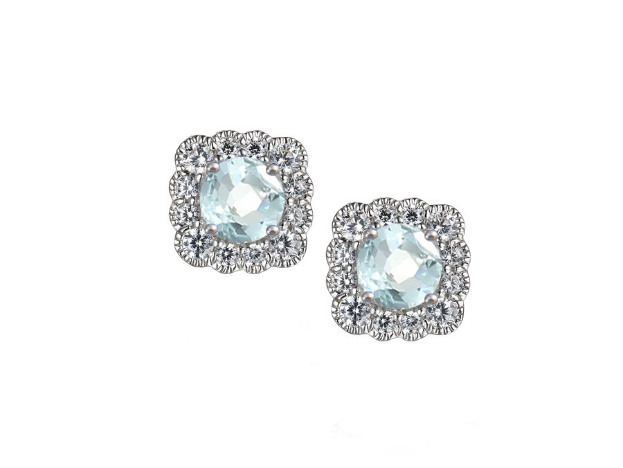 Sterling Silver Square Shape Cluster Round Aquamarine &amp; Cubic Zirconia Earrings