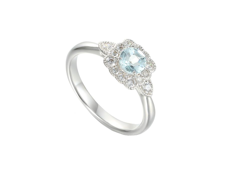 Sterling Silver Square Shape Cluster Round Aquamarine &amp; Cubic Zirconia Ring, Ring Size: K 1/2