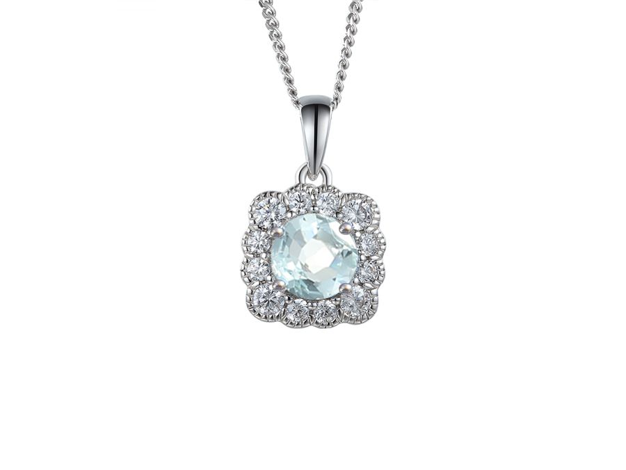 Sterling Silver Square Shape Cluster Round Aquamarine &amp; Cubic Zirconia Necklace