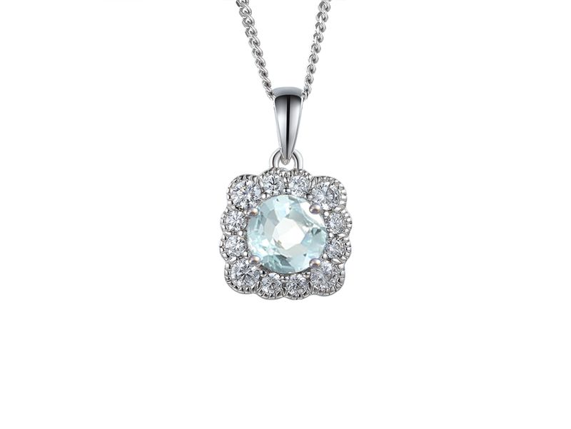 Sterling Silver Square Shape Cluster Round Aquamarine & Cubic Zirconia Necklace Sterling Silver Square Shape Cluster Round Aquamarine & Cubic Zirconia Necklace